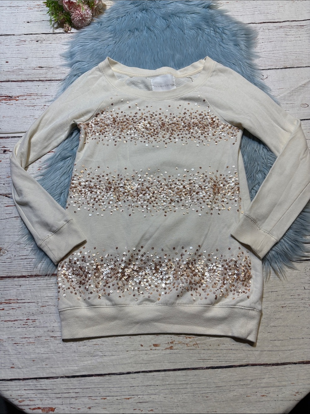 Victoria's Secret Cream Rose Gold Sequin Stripe Boatneck Tunic Sweater sz S